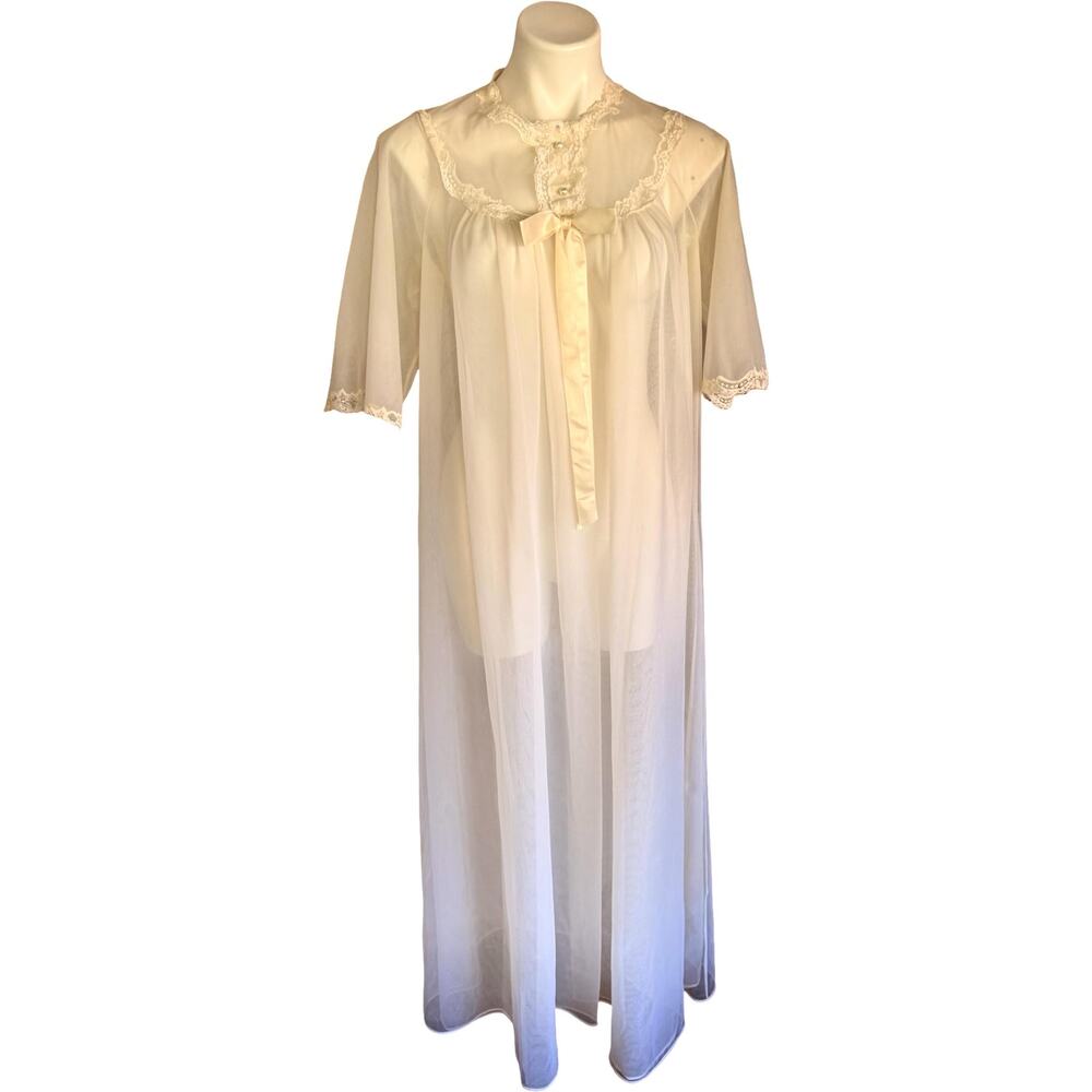 Vintage Shadowline Chiffon Robe Ivory Lace Pearl Button 1970s Peignoir Nylon S - Picture 6 of 13